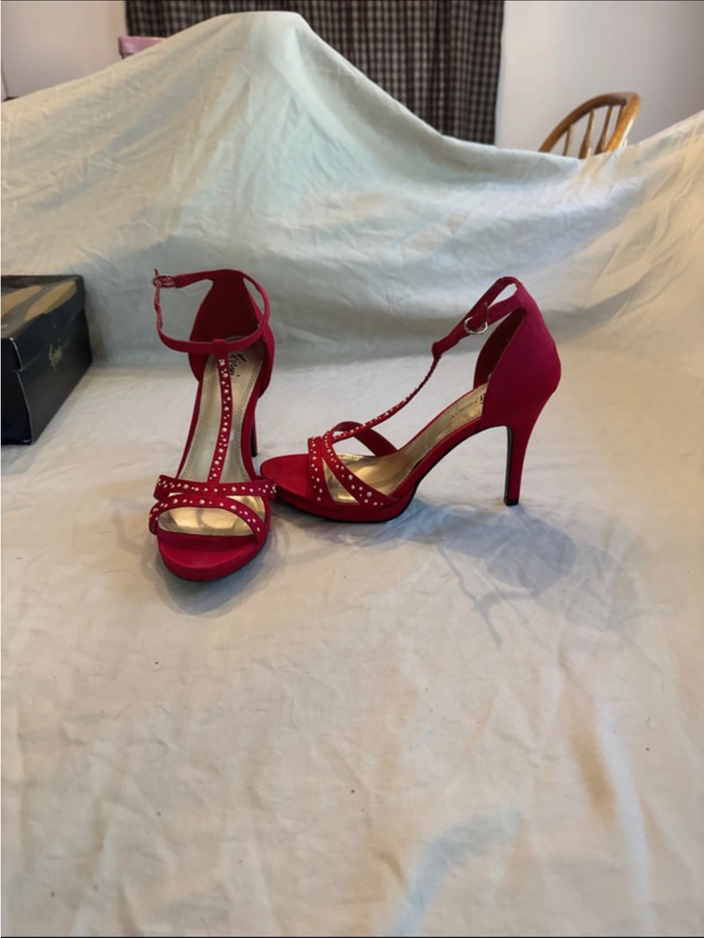 FIONI Clothing Red Studded T-Strap High Heel Sandals